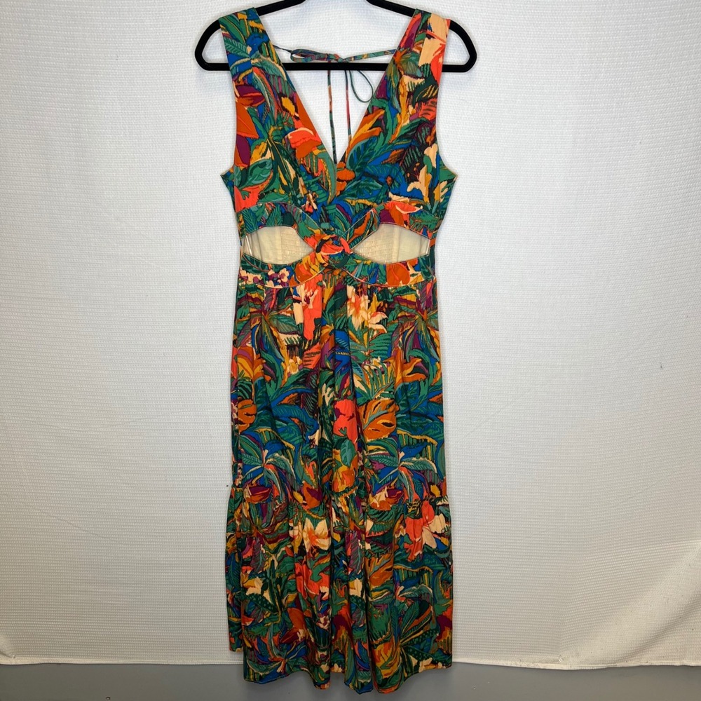 Dress Forum Tropical Floral Cutout Maxi Dress Tie Back Smocked Waist Size L - Picture 3 of 10